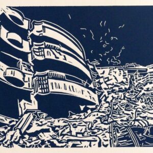 Collapsed house, Gaza, linoprint/paper, 20 x 30 cm, 2013