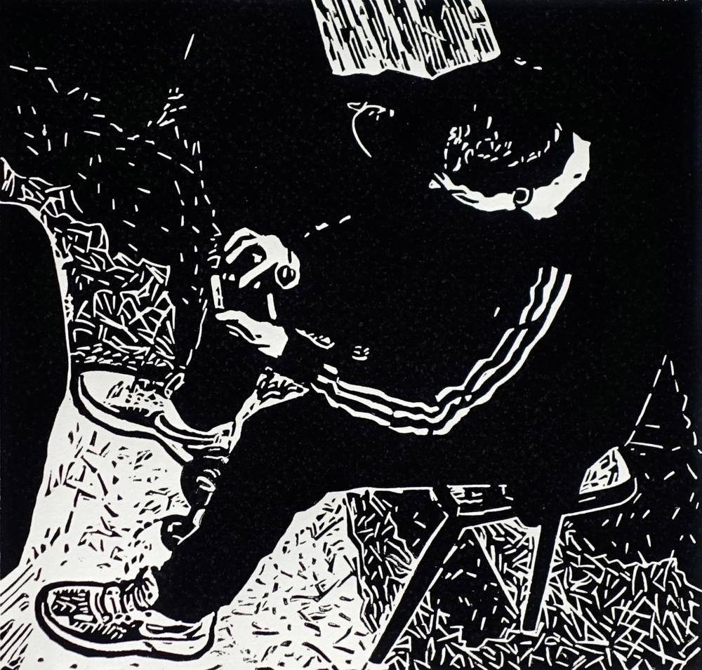 Boy with smartphone, linoprint, 23,5 x 25 cm, 2019