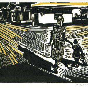 Woman and kids, Kenya, linoprint/paper, 18,2 x 22 cm, 2020