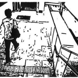 Man in Metro corridor, linoprint/paper, 15,2 x 21 cm, 2017