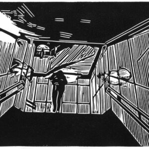 Woman in Metro corridor, linoprint/paper, 15 x 21 cm, 2017