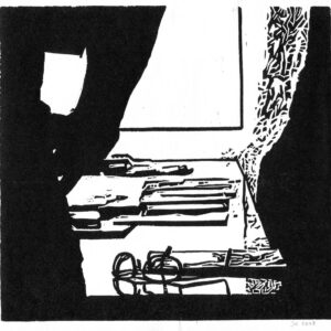 Lecture Stefan Römer, linoprint/paper, 19 x 20 cm, 2018