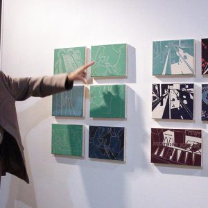 Exhibition view, Franz Schneider explaining