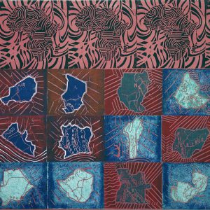 Afrikarten 1, linoprints/acrylics/cotton, 90 x 150 cm, 1994