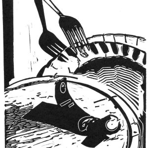 Fork, shadow, tube, linoprint/paper, 24,5 x 18,7 cm, 2019