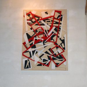 Red and white print fragments, marker/pencil/linoprints/acrylics/cotton, 140 x 100 cm, 2012