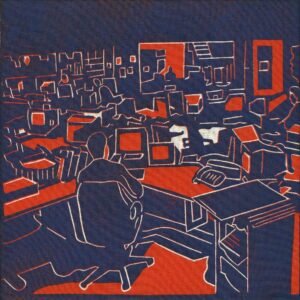 Editorial office, linoprint/cotton, 20 x 20 cm, 2005