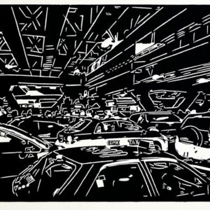 Traffic jam in Coyoacán, linoprint/paper, 22 x 34 cm, 2019