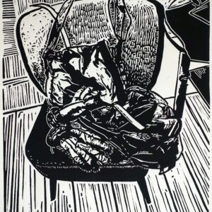 Chair with bag and gloves, linoprint/paper, 30 x 24,5 cm, 2019