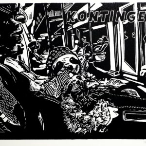 Contingency (Perezoso and Saltarín in Metro), linoprint/paper, 20,5 x 30,5, 2023