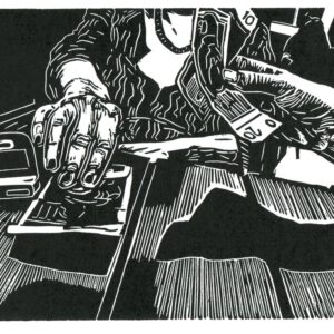 Paying in Szczecin, linoprint/paper, 19 x 25,5 cm, 2023