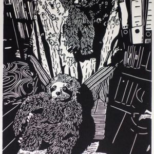 Perezoso and Saltarín, linoprint/paper, 35 x 25 cm, 2023