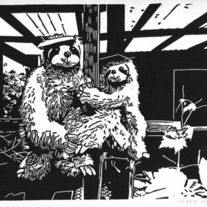 Perezoso and Saltarín in Caputh, linoprint/paper, 20,2 x 23,6, 2023