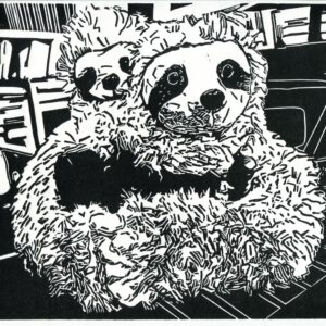 Perezoso and Saltarín, linoprint/paper, 21 x 23 cm, 2023