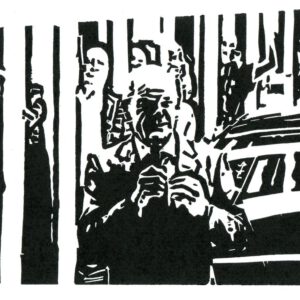 Scholz in Grünheide, linoprint/paper, 14,5 x 23,6 cm, 2023