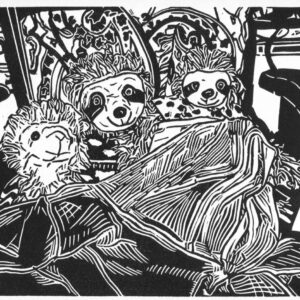 Lumi, Perezoso, Saltarín, linoprint/paper, 20,5 x 26,3 cm, 2023