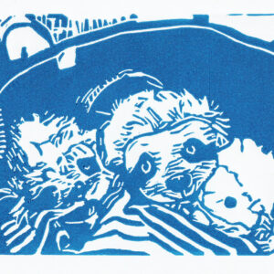 Three in a regional train, linoprint/paper, 10 x 15,1 cm, 2024