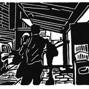 Munich main station, linoprint/paper, 10,1 x 15 cm, 2024